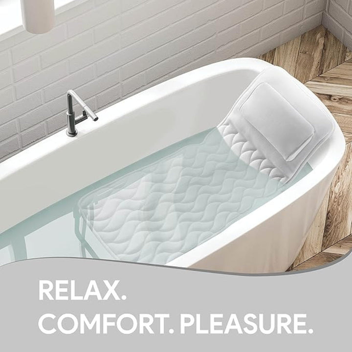 Ergonomic full body bath pillow for unisex spa comfort. Enhances wellbeing & relaxation during long soaks in the tub.