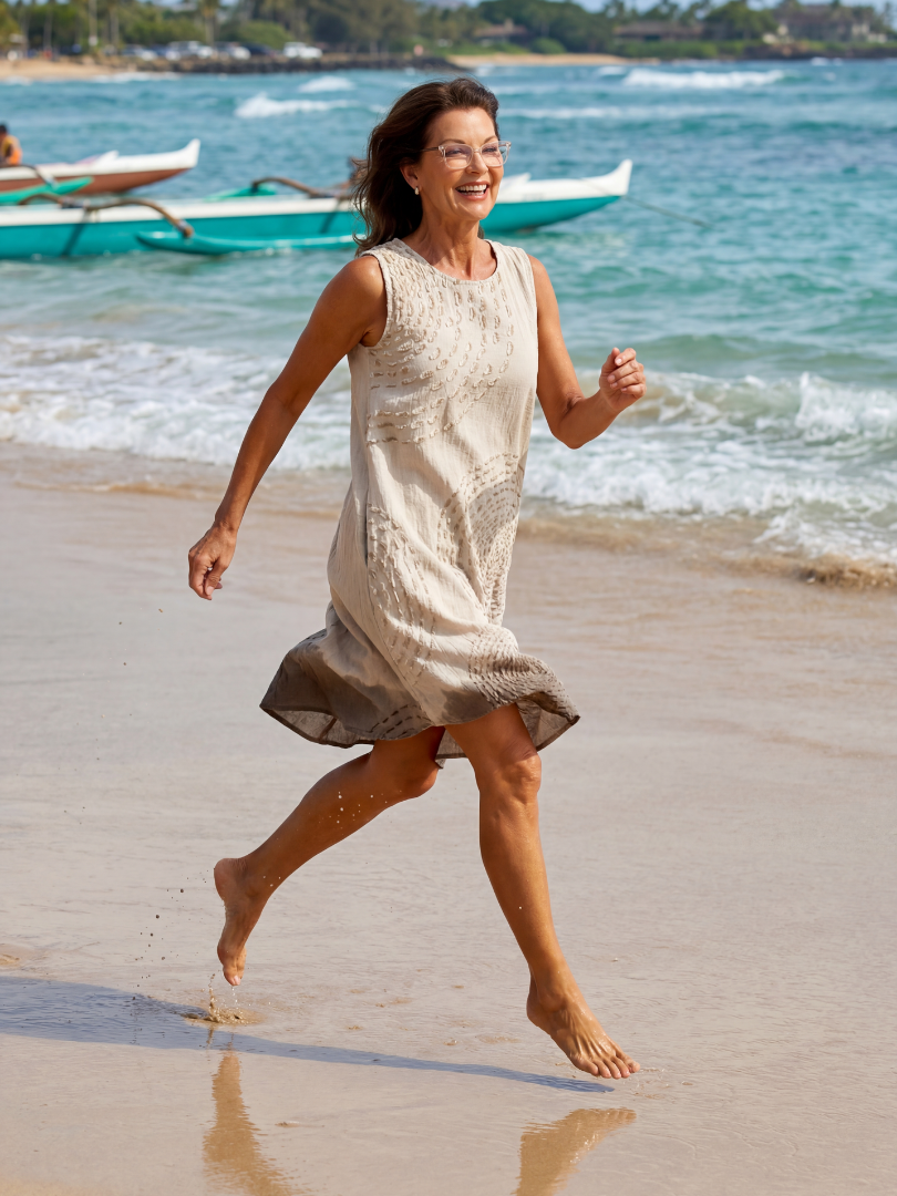 Woman wearing a comfortable white textured midi dress, ideal for relaxed fit casual spring or summer days.