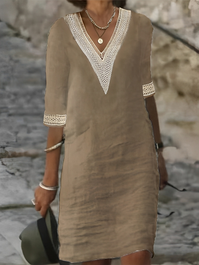 Khaki women's comfortable midi dress, ideal for everyday casual wear, blending style and ease for any season.