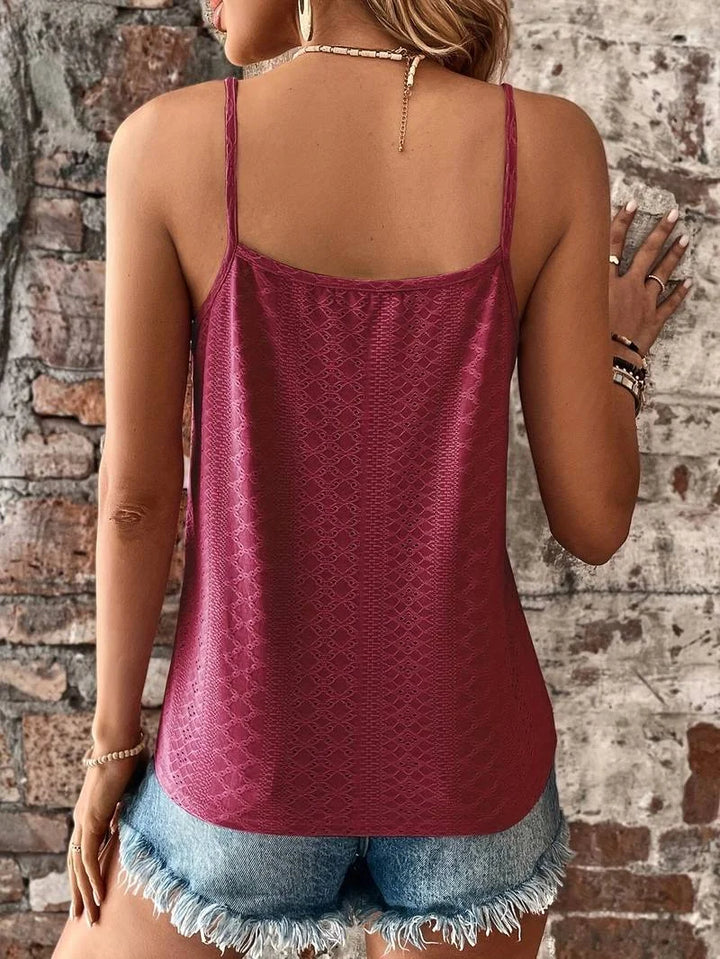 Embroidered eyelet women's camisole, white, with a chic V-neck lace trim & spaghetti straps.