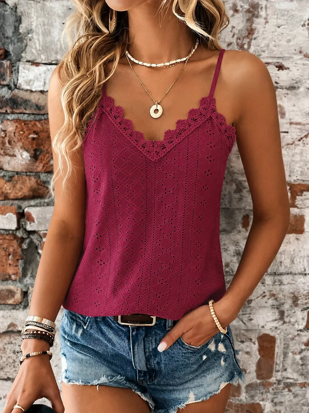 Stylish women's summer camisole, white eyelet, detailed embroidery & V-neck lace trim.