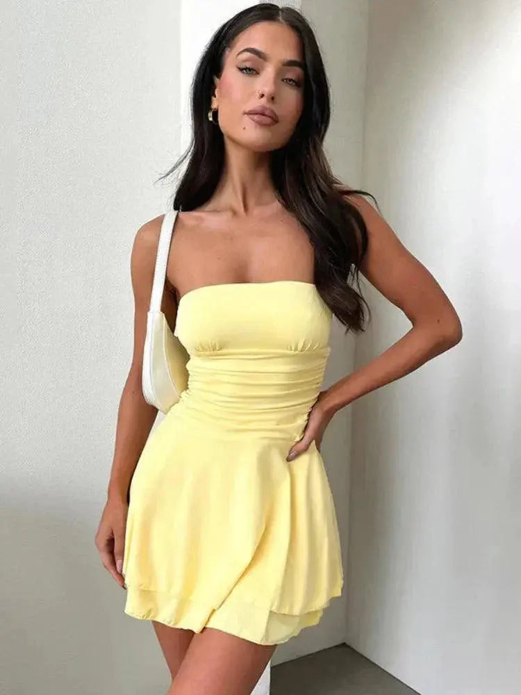 Elegant blue strapless flared mini dress, flowy, women's summer party & casual elegance.