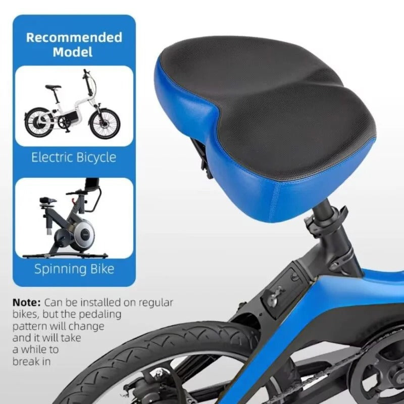 Wide, padded bicycle saddle designed for maximum comfort on long rides.