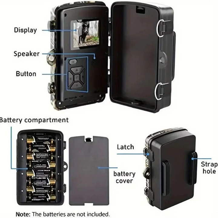An installed trail camera monitoring a forest path with clear visibility.