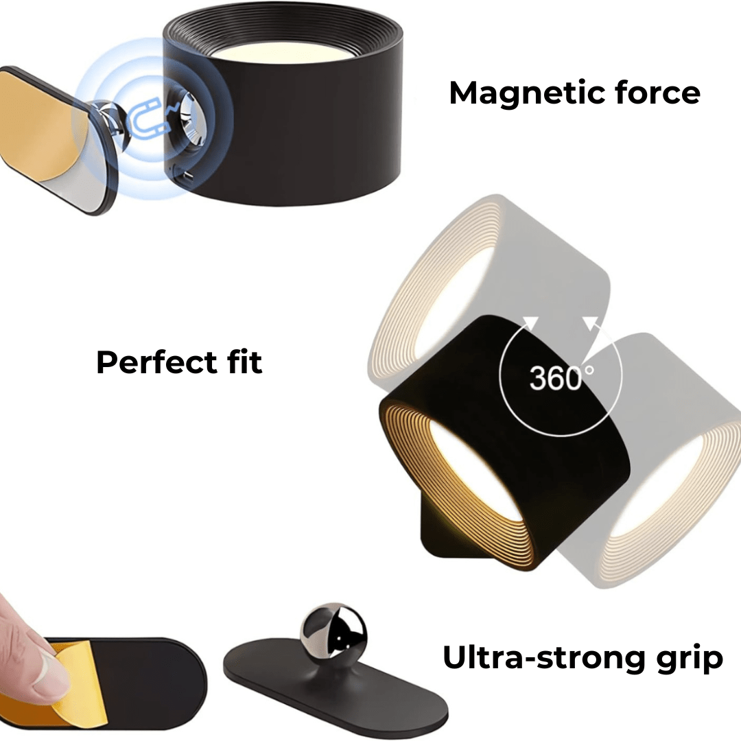 Wireless 360° LED wall light, rechargeable with touch control. Modern magnetic design for accent lighting.