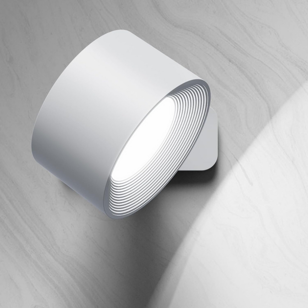 Modern wireless wall light with LED and 360° rotation. Rechargeable & touch controlled for any room.