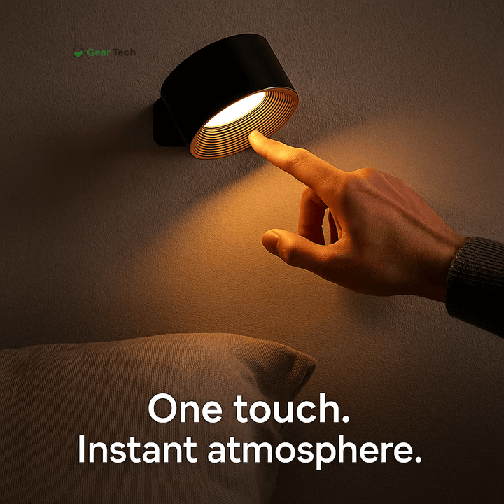 USB-C rechargeable LED wall lamp, wireless, 360° adjustable, and touch control for modern lighting.