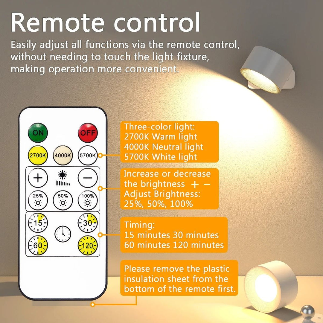 Sleek LED wall light, wireless, rechargeable. Magnetic base, 360° rotation, and touch dimmer for home.