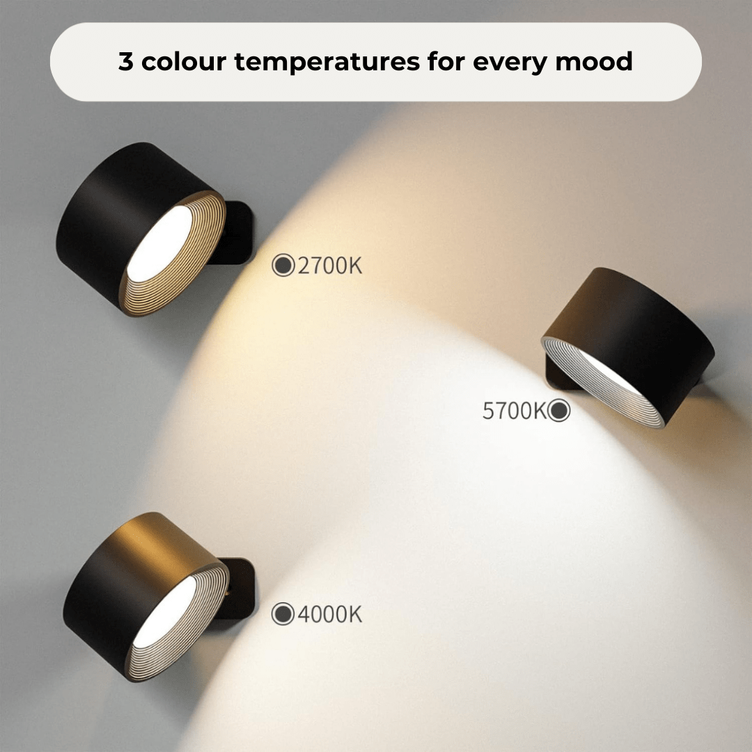 Portable rechargeable LED wall lamp. Wireless design, 360° adjustable light, and touch-sensitive control.