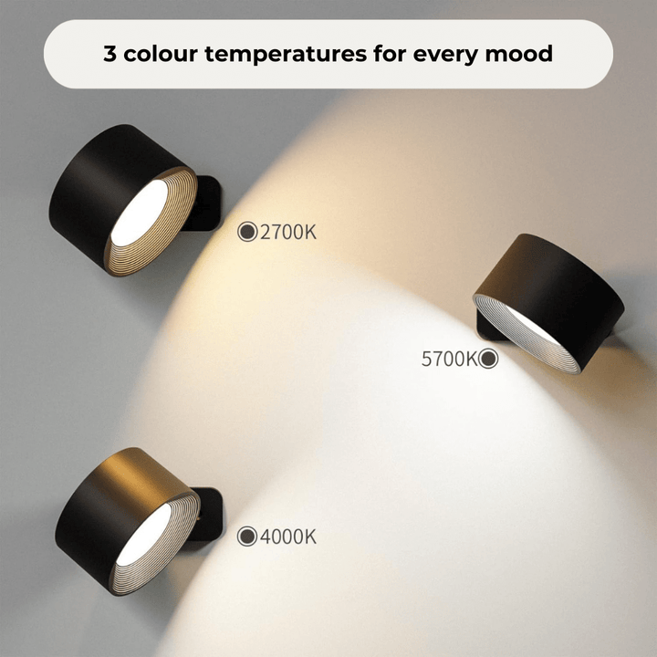Portable rechargeable LED wall lamp. Wireless design, 360° adjustable light, and touch-sensitive control.