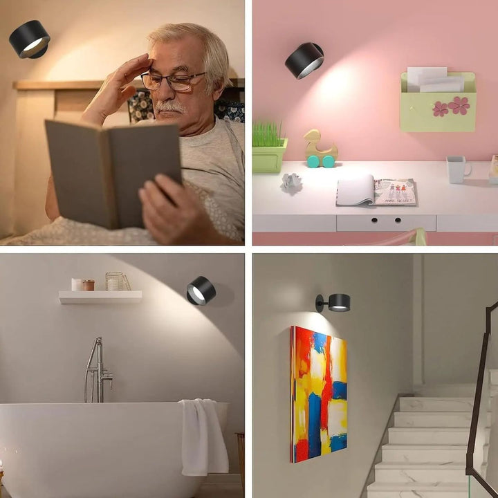 Rechargeable LED wall lamp, wireless and portable. Features 360° rotation & touch control, USB-C.