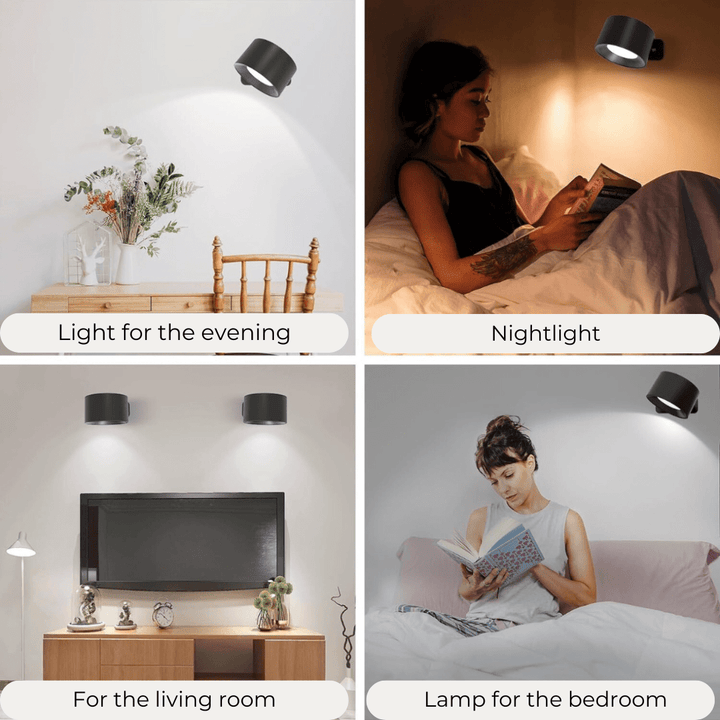 Modern wireless wall light with 360° rotation, LED lamp, rechargeable, and touch activated.