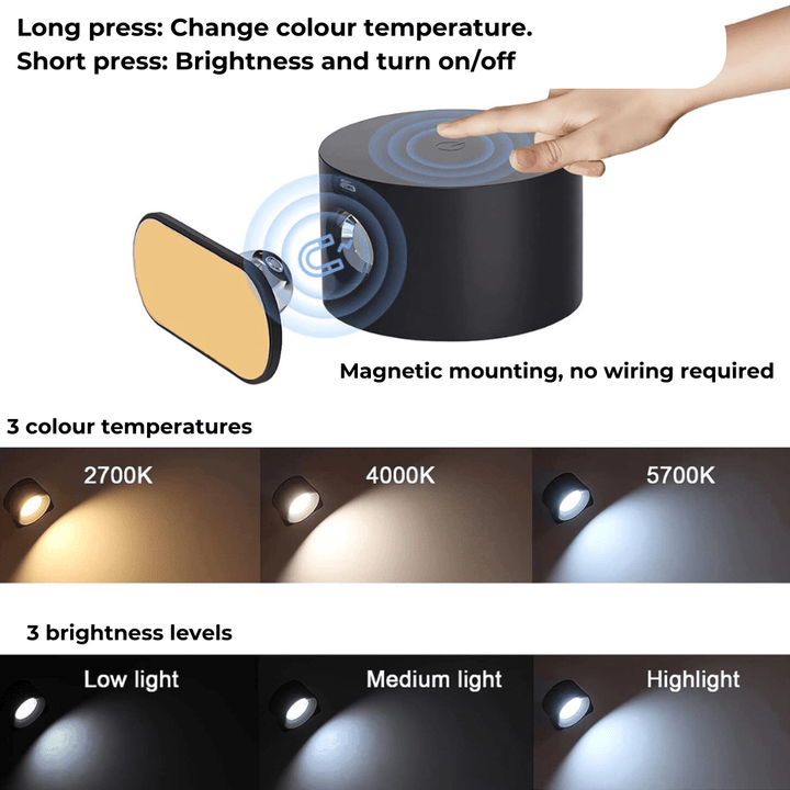 Sleek LED wall light, wireless, rechargeable via USB-C. 360° rotating head & touch control for home.