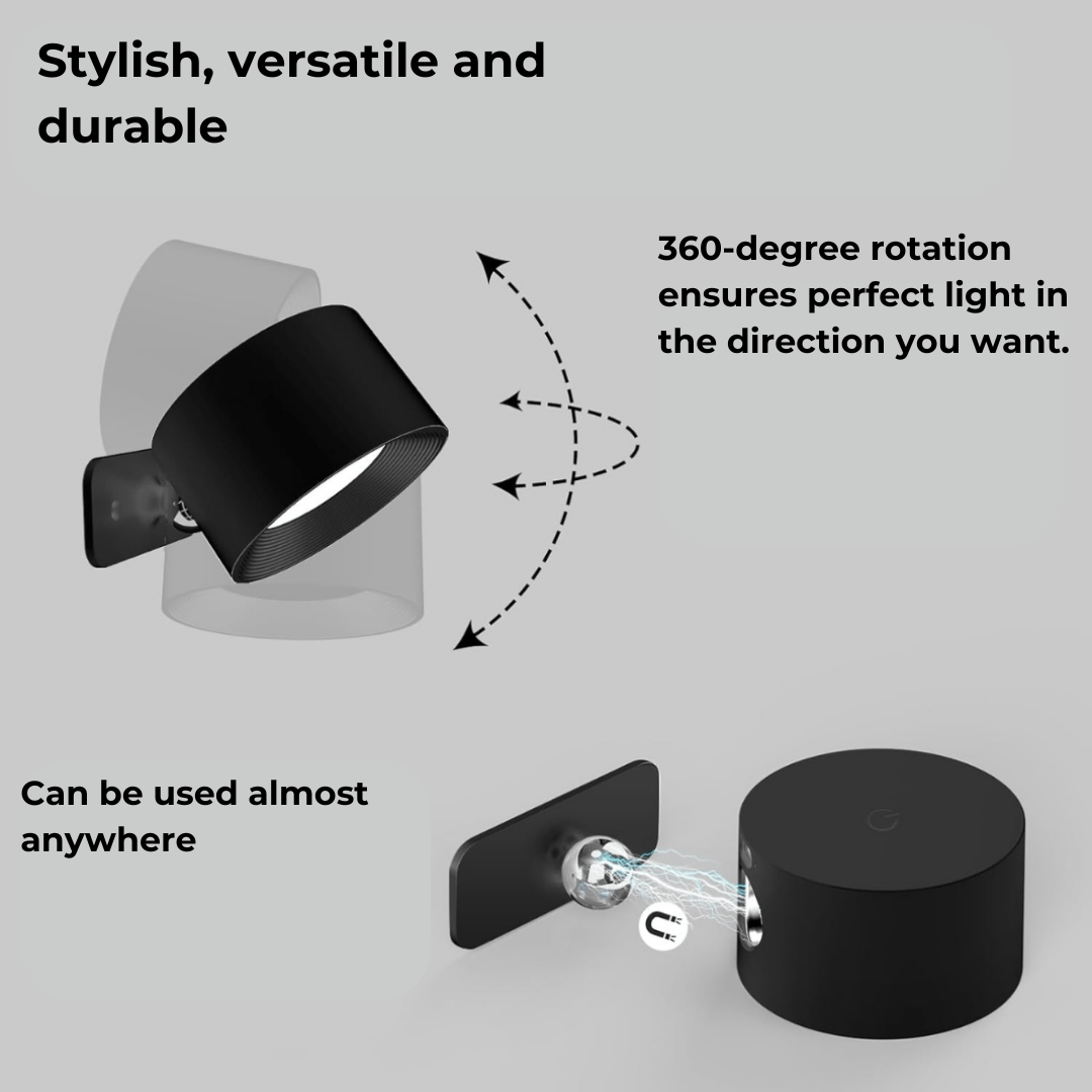 Magnetic LED wall lamp, wireless and rechargeable. Touch control for accent lighting & 360° adjustability.