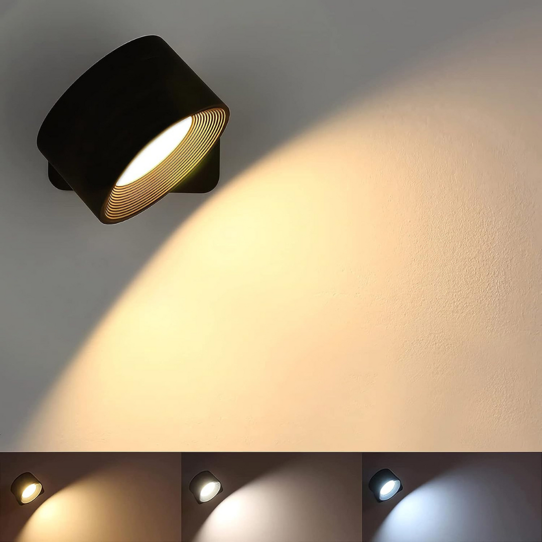 Wireless LED accent light, 360° rotating head, rechargeable, and touch control for modern interiors.