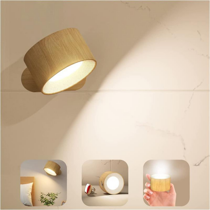 Rechargeable LED lamp for walls, wireless, 360° rotation, and easy touch control. USB-C charging.