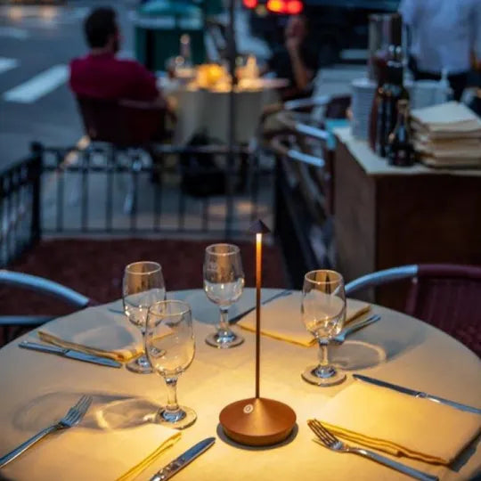 Portable wireless LED table lamp providing dimmable accent lighting for any indoor or outdoor setting. Rechargeable.