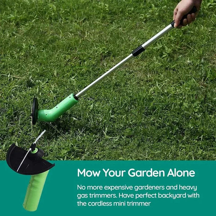 Precision cordless mini grass trimmer for sharp lawn edges & neat garden borders. Lightweight battery-powered tool.