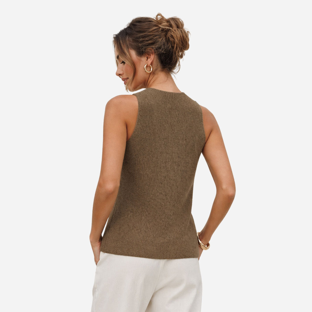 Versatile women's fitted ribbed tank top with a chic cross halter design, perfect for casual or smart casual outfits.