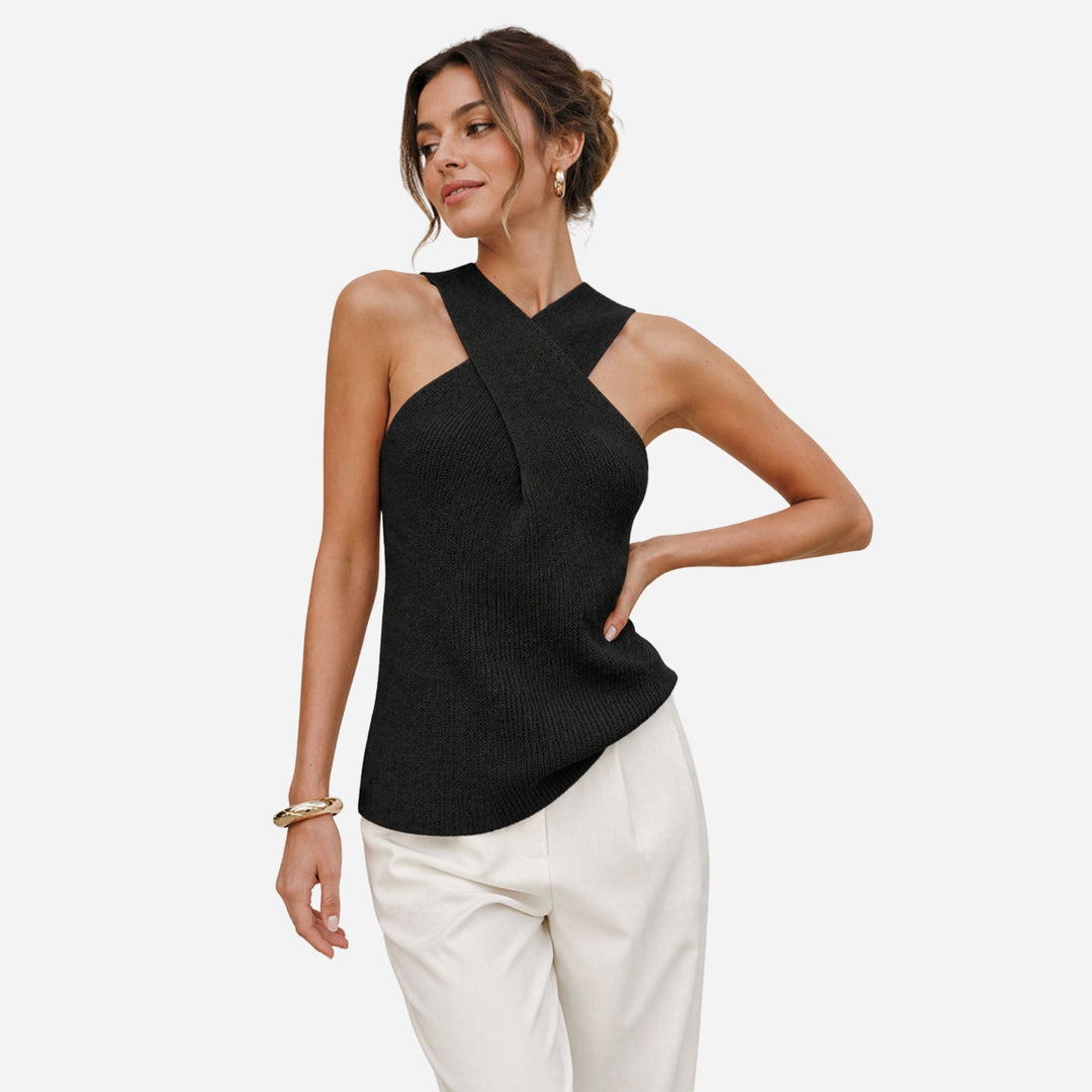 Close-up of a women's ribbed cross halter tank top, sleeveless and form-fitting, ideal for comfortable summer wear.