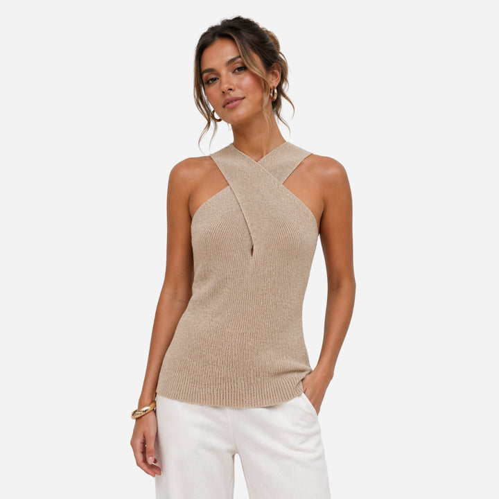 Stylish women's sleeveless ribbed halter tank top, featuring a unique cross design & a comfortable fitted silhouette.