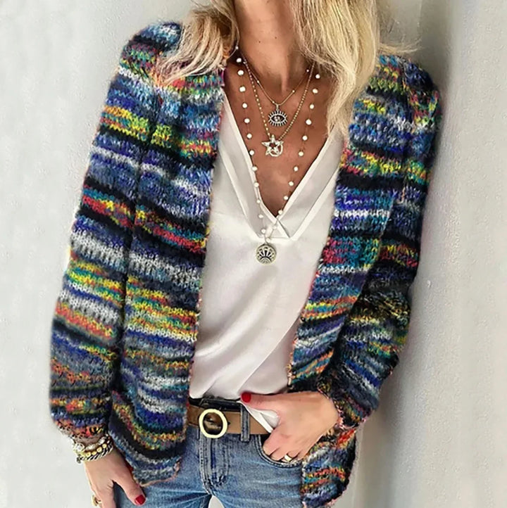Multicolor open-front women's cardigan sweater with a loose fit & long sleeves. Cozy fall essential for layering.