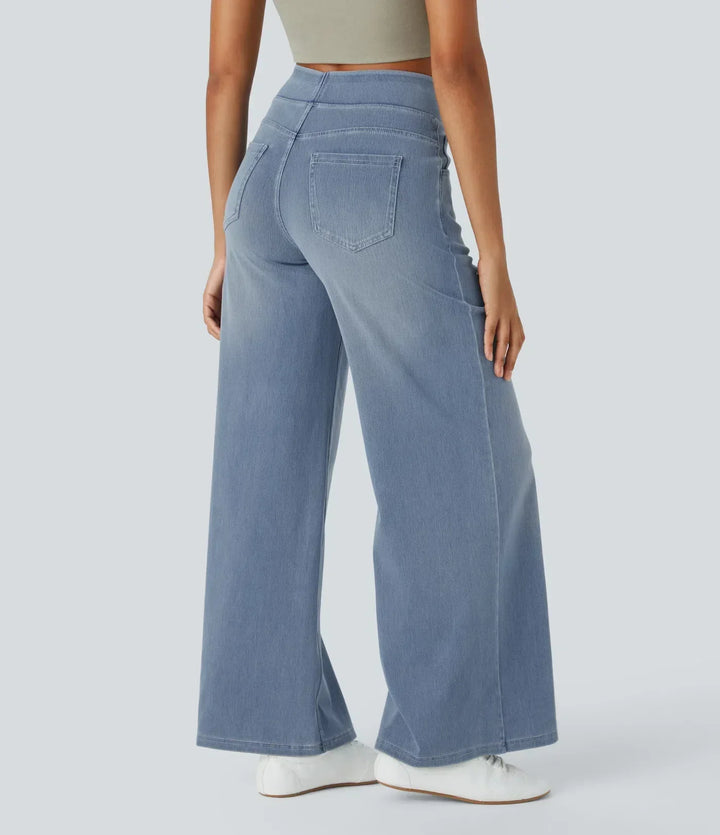 Flowy wide-leg design of women's high-waisted stretch trousers, elegant & comfortable for spring & autumn.