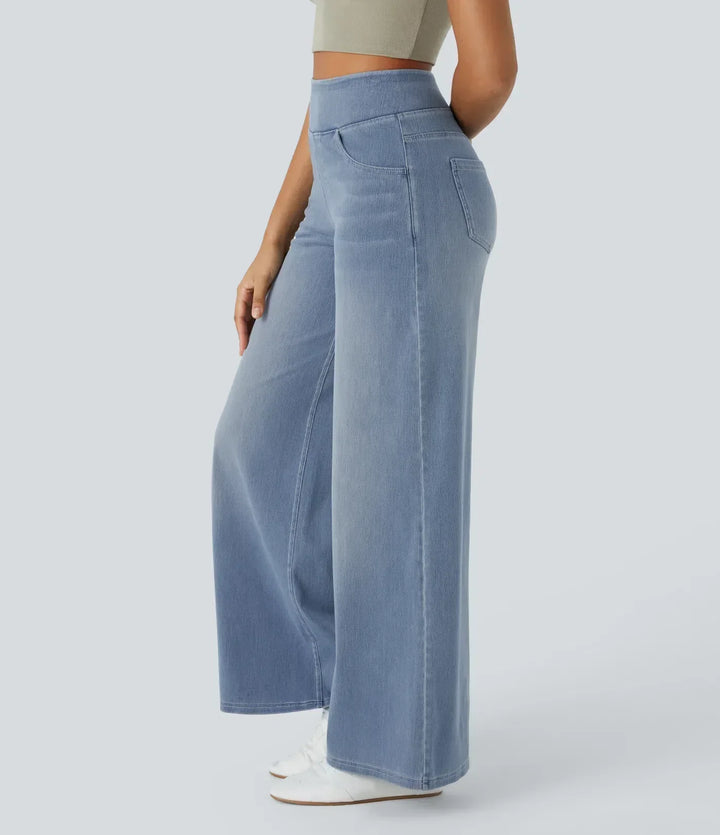 High-waisted fit of women's wide-leg stretch trousers, offering comfort & style for casual spring/autumn fashion.