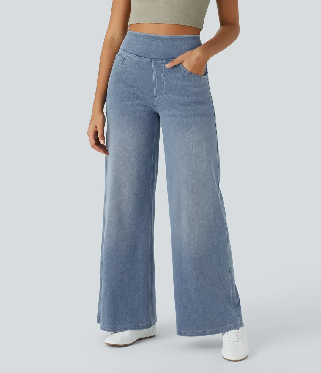 Versatile women's wide-leg stretch trousers with high-waisted elastic band, comfy casual pants for spring/fall.