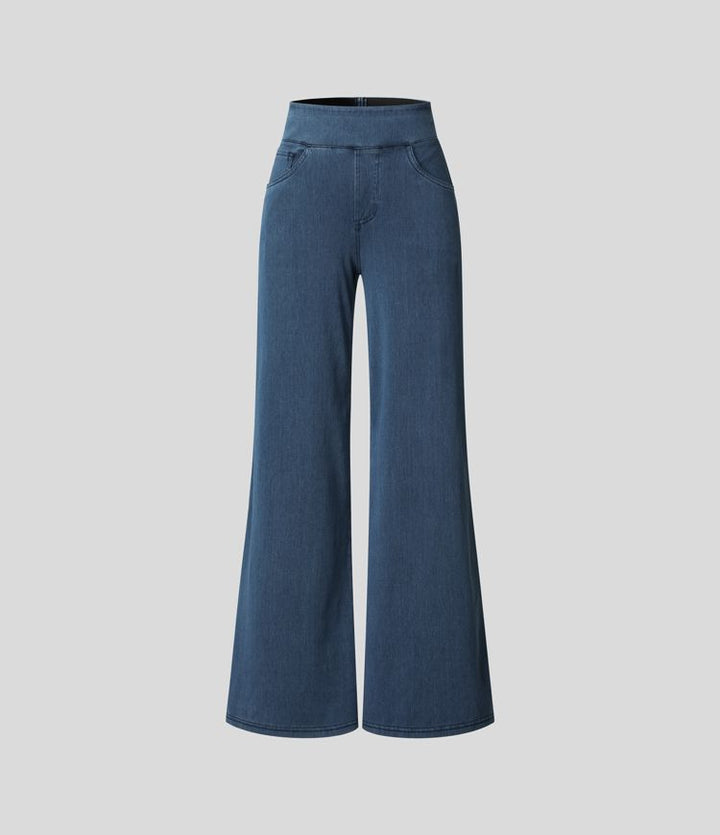 Detail of comfortable high-waisted elastic band on women's wide-leg stretch trousers, perfect casual fit.