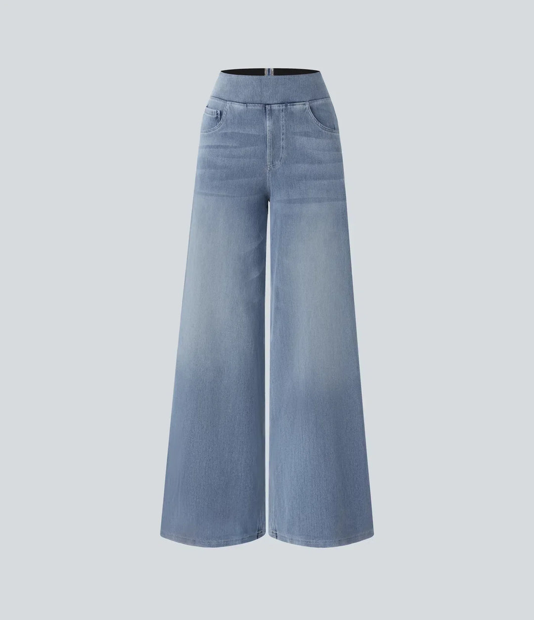 Women's high-waisted wide-leg stretch trousers laid flat, showcasing fabric and comfortable elastic waist.
