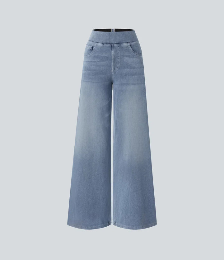 Women's high-waisted wide-leg stretch trousers laid flat, showcasing fabric and comfortable elastic waist.