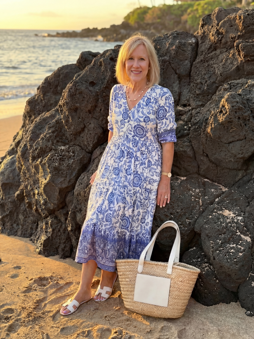 Comfortable women's blue floral midi dress with relaxed fit and elbow sleeves for effortless casual elegance.