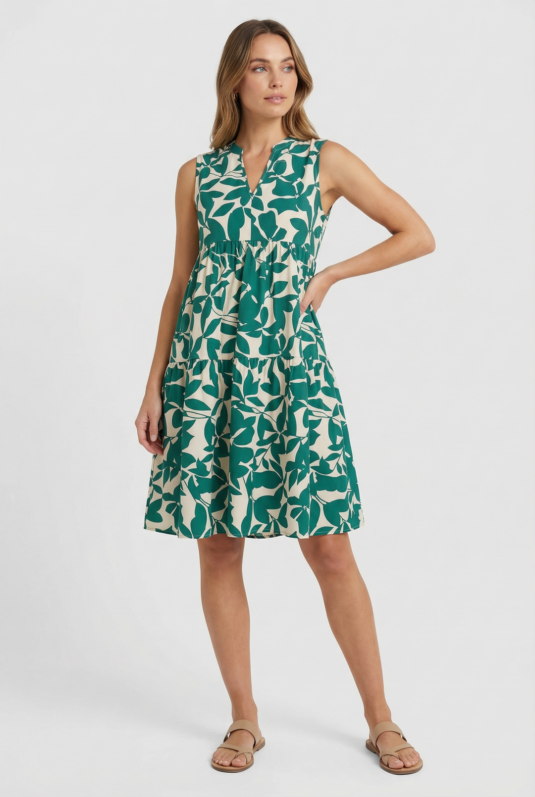 Close-up of the vibrant floral print on a women's summer A-line mini dress.