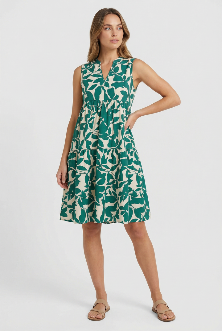 Close-up of the vibrant floral print on a women's summer A-line mini dress.