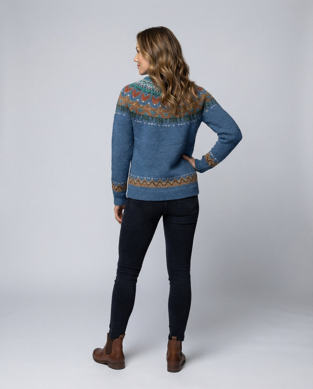 Close-up of intricate knit details on a women's Icelandic wool sweater