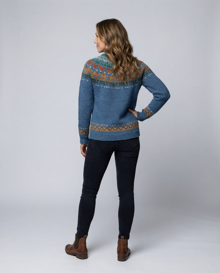 Close-up of intricate knit details on a women's Icelandic wool sweater