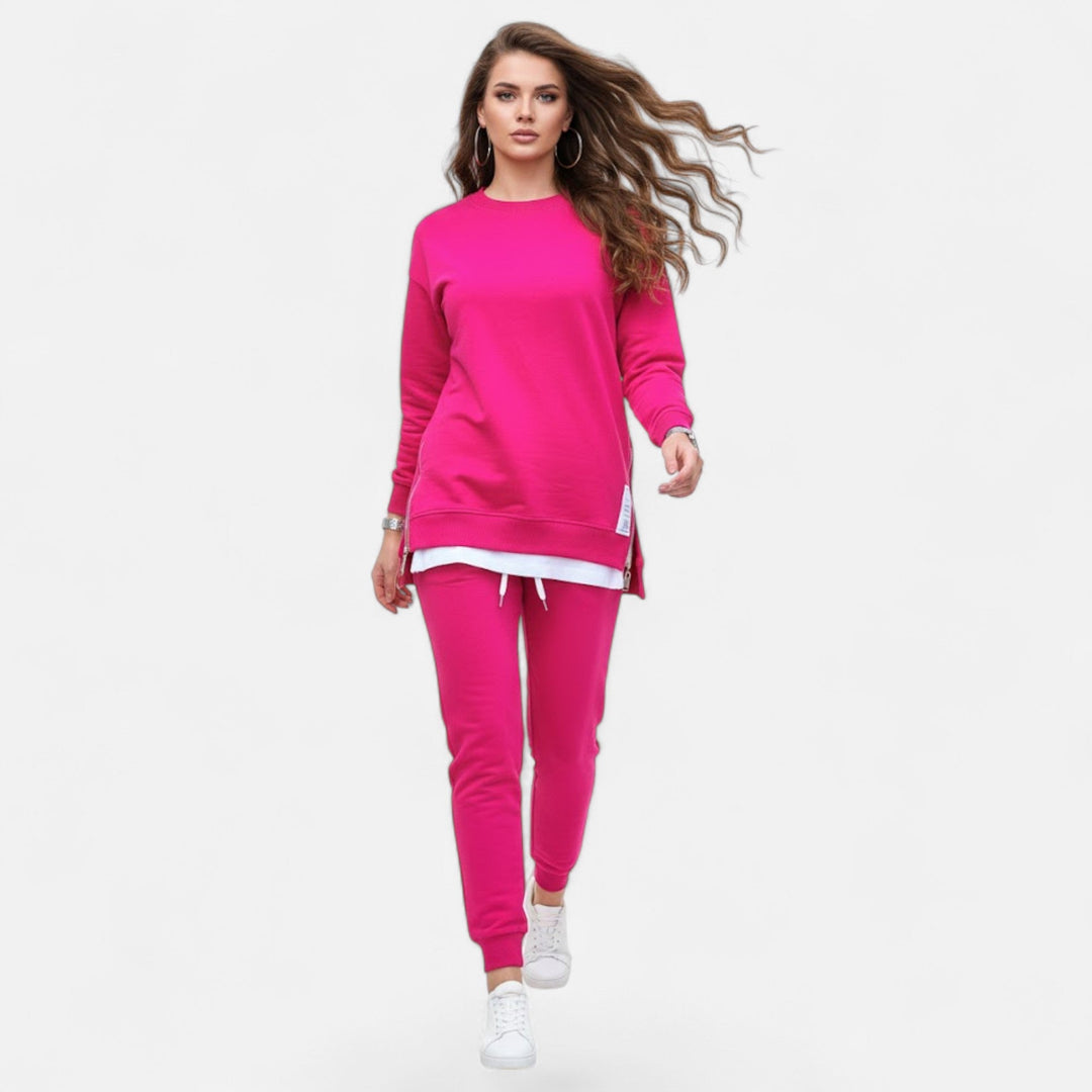 Versatile women's two-piece outfit: chic slit sweatshirt & slim pants. Ideal for casual elegance & everyday comfort.