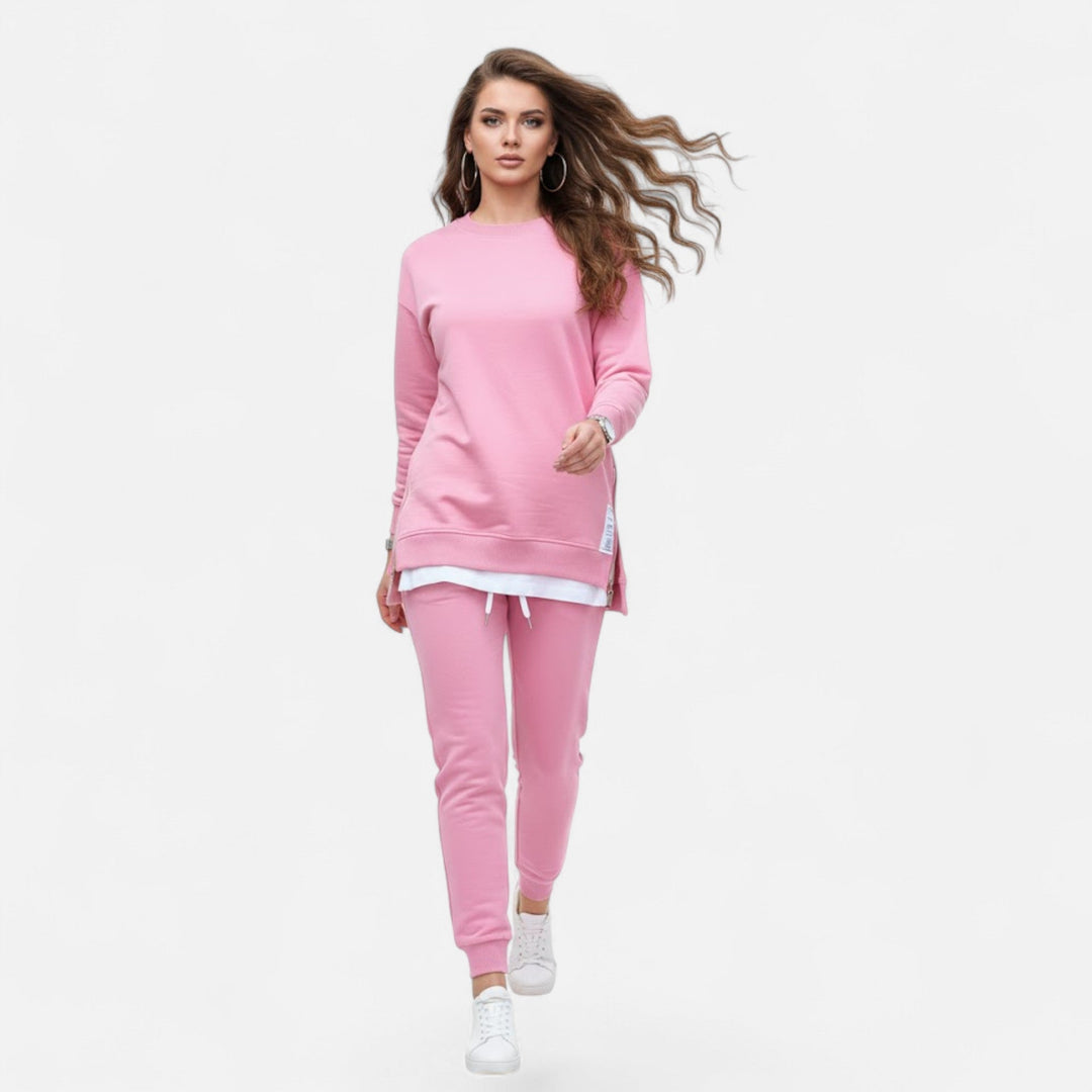Women's coordinated two-piece set: casual chic slit sweatshirt & slim pants. Comfortable ensemble for versatile wear.