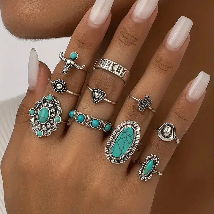 Boho western turquoise ring set for women, a stylish 10-piece jewelry collection and fashion accessory.