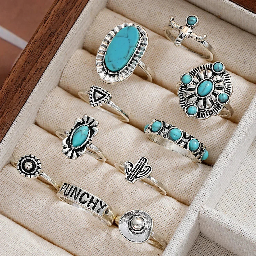 Gift for her: Elegant 10-piece women's turquoise western ring set, featuring statement and boho designs.