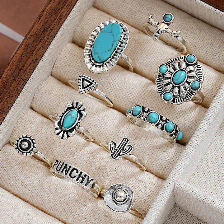 Gift for her: Elegant 10-piece women's turquoise western ring set, featuring statement and boho designs.