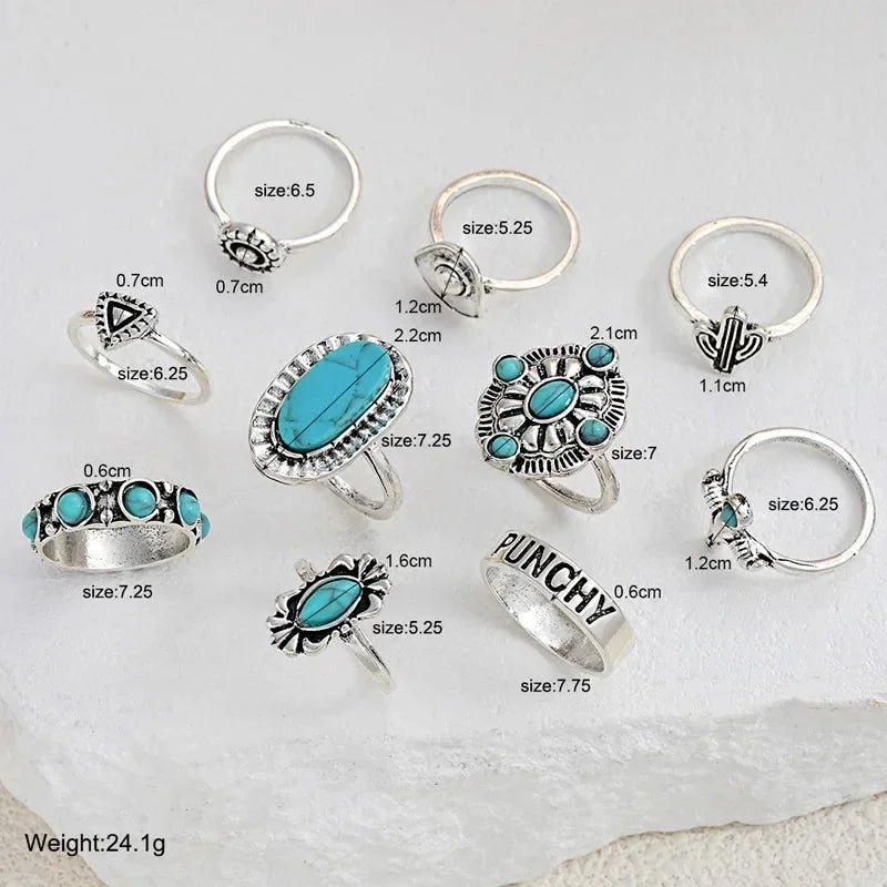 Close-up of a women's turquoise western ring set, showcasing a bull skull ring and a delicate band.