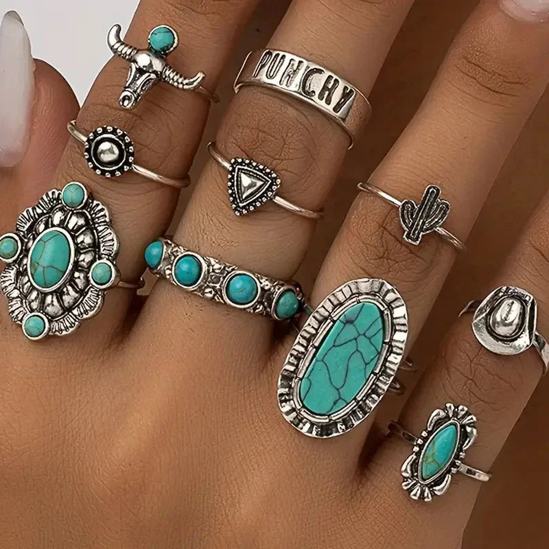 Bold 10-piece women's turquoise western statement ring set, fashion accessories with boho and unique designs.