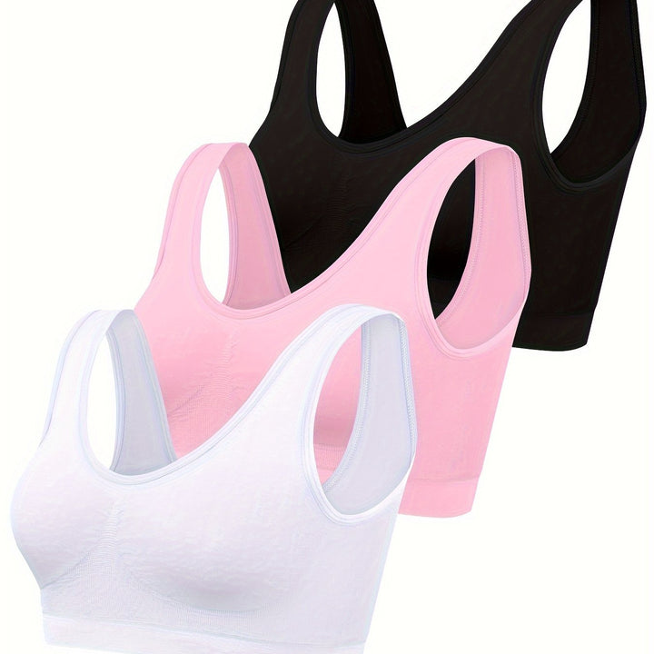 Women's 3-pc seamless activewear set with sports bra & tank tops, perfect for workout, gym, & loungewear.
