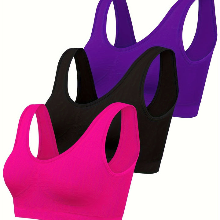 Stylish women's 3-piece seamless loungewear set, comfy tank tops & sports bra for relaxing or light activity.