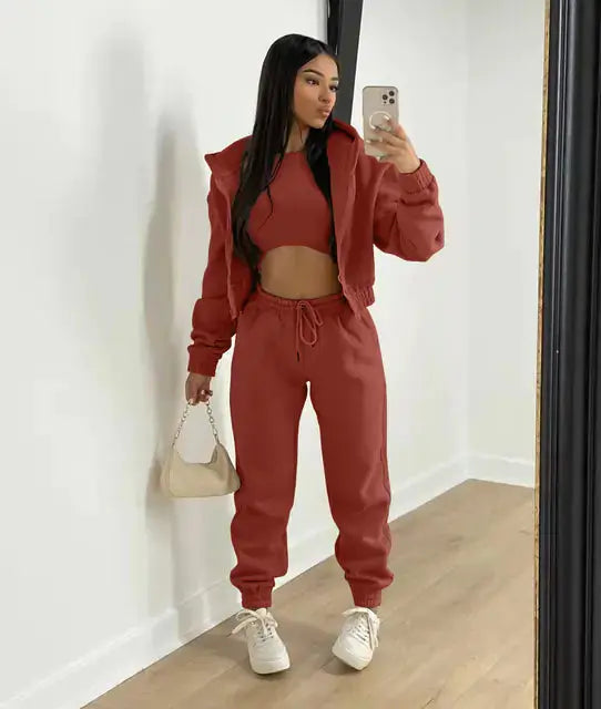 Full women's 3-piece loungewear ensemble: cropped hoodie, bralette, and joggers.