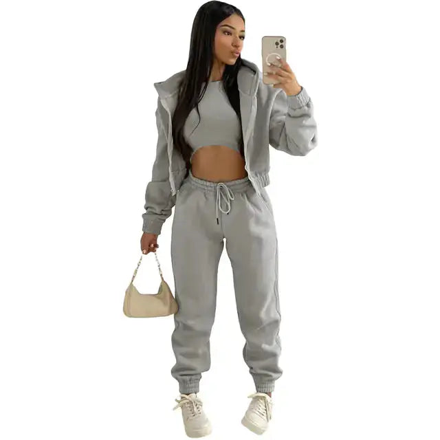Women's versatile casual outfit: 3-piece set with hoodie, bralette, and joggers.