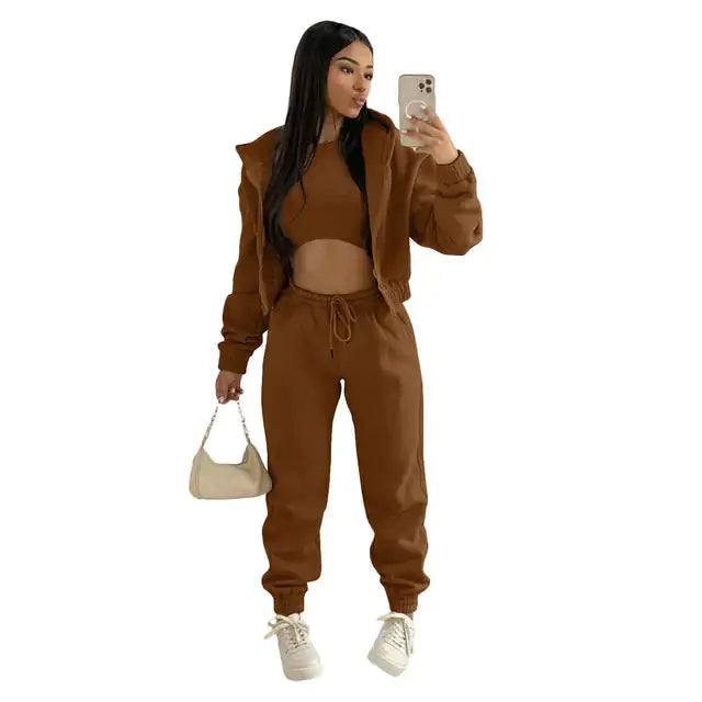 Women's chic & comfy combo: 3-piece cropped hoodie, bralette, and joggers.