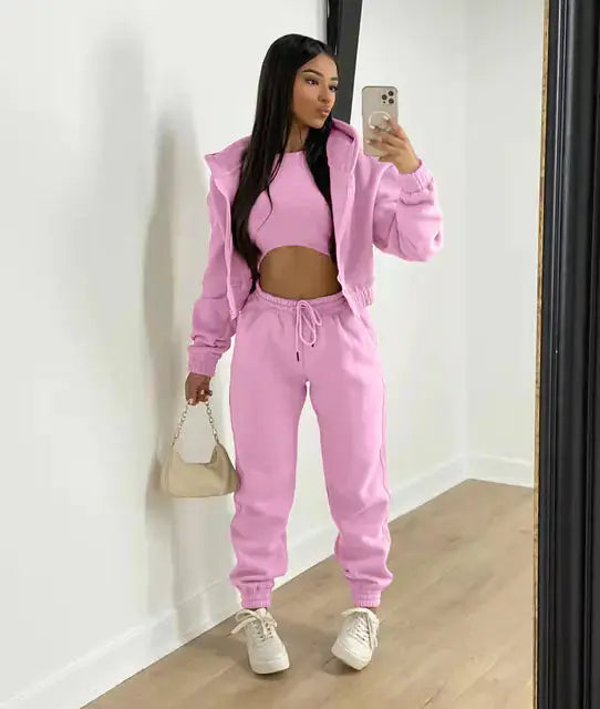 Women's fashion 3-piece loungewear: cropped hoodie, bralette & comfy joggers.